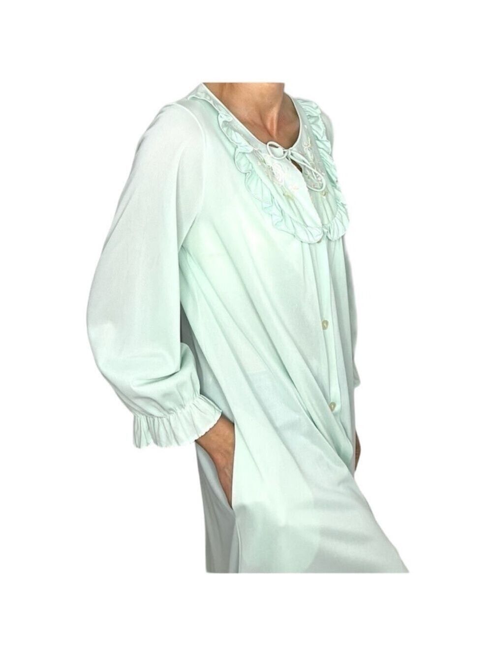 Vintage Mint Green Ruffle Embroidered Button Front Maxi Robe - Picture 3 of 13